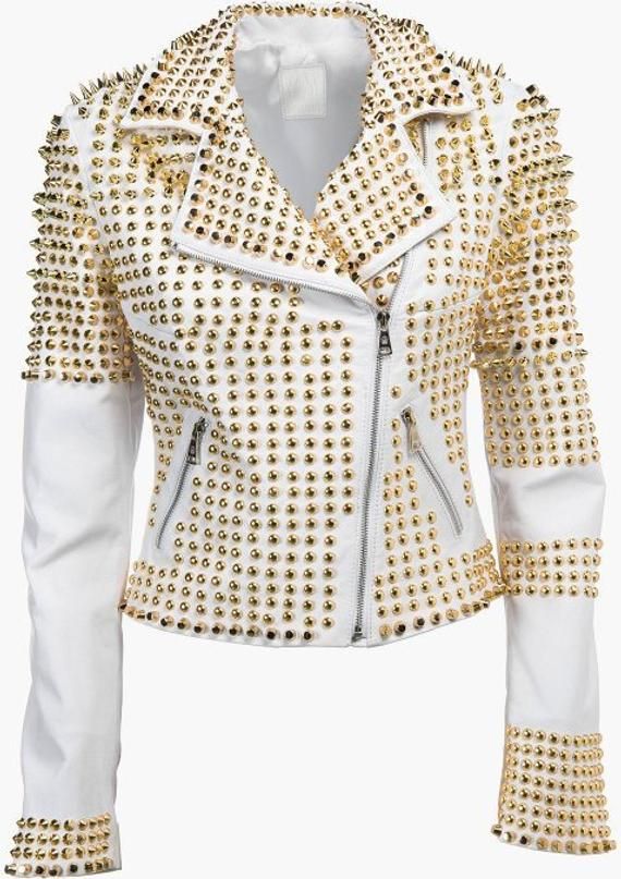 #Men #White #Steam #punk #Clothing #Golden #Studded  #Men’s #Biker #Leather #Jacket Cargo Jacket Mens, Punk Jacket, Green Cargo Jacket, Studded Leather Jacket, White Leather Jacket, Party Jackets, Style Steampunk, Studded Jacket, Real Leather Jacket