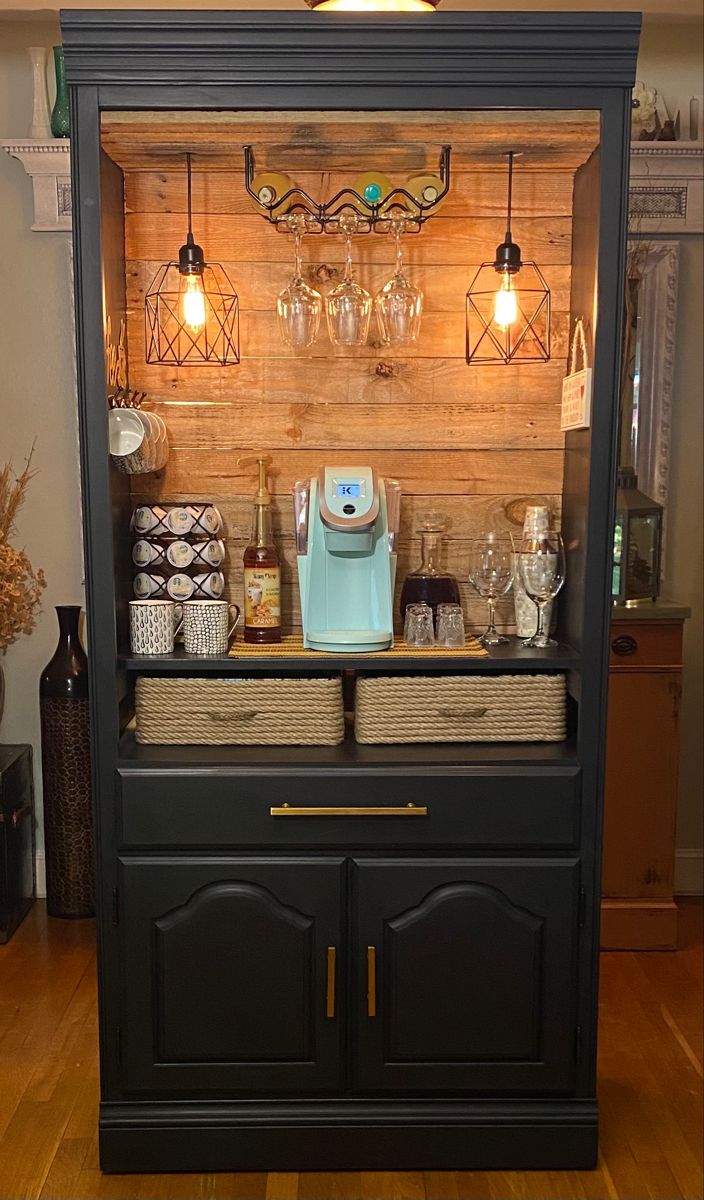 Coffee bar, wine bar Coffee Stations Ideas, Coffee Station Table, Coffee Station Ideas Countertop, Coffee Bar Hutch, Home Coffee Station, Coffee Bar Ideas Kitchen Counter, Wine And Coffee Bar, Bar Hutch, Armoire Bar