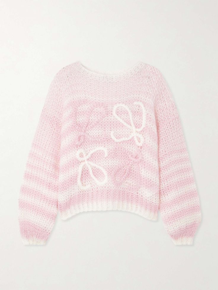 LOEWE Anagram striped mohair-blend sweater Loewe Mohair Sweater, Pink Fall Clothes, Pastel Winter Outfit, Pastel Sweaters, Loewe Fashion, Luxury Sweater, Loewe Anagram, Logo Wear, Fluffy Texture