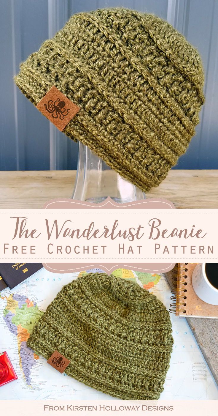 a crocheted beanie is shown with the words wanderlust beanie free crochet patterns