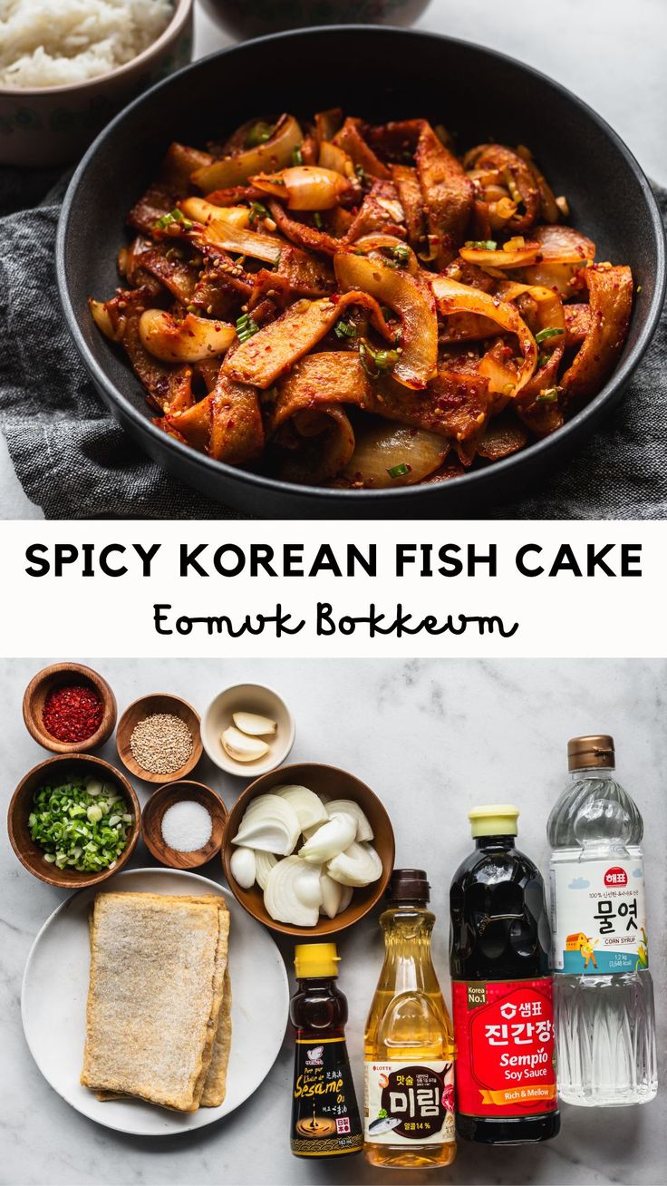 Korean stir fried fish cake (eomuk Bokkeum) with ingredients on the bottom Stir Fry Fish Cake, Stir Fried Fish Cake, Korean Seafood Recipes, Korean Fish Cake Soup Recipe, Korean Fish Cake Recipe, Spicy Fish Recipes, Eomuk Bokkeum, Korean Fish Cakes, Stir Fry Fish