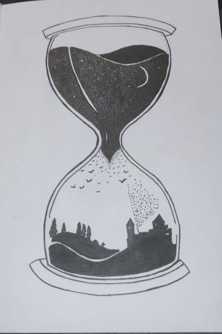 a drawing of an hourglass with buildings in the background