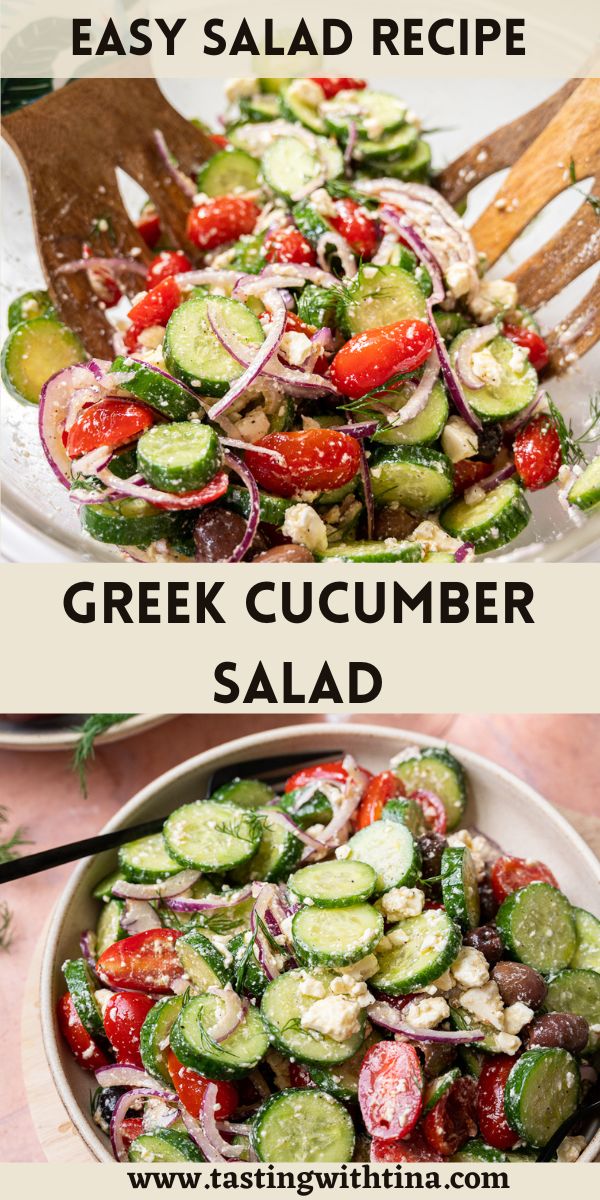 greek cucumber salad in a white bowl with wooden utensils on the side