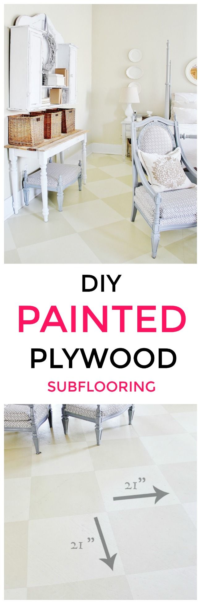 the words diy painted plywood flooring are in red and black on white