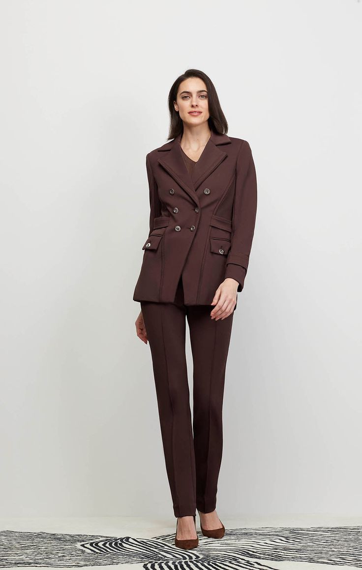 Warm up to fall in a textured Italian twill cutaway double-breasted jacket in luxe chocolate brown, featuring smooth Italian ponte trims and shiny nickel buttons for timeless elegance. Brown Notch Lapel Blazer With Double Button, Brown Notch Lapel Blazer With Double Button Closure, Brown Notch Lapel Blazer With Double-breasted Button, Brown Double-breasted Blazer With Notch Lapel, Formal Double Breasted Suit With Button Cuffs For Fall, Elegant Fall Double Breasted Suit With Button Cuffs, Elegant Double Breasted Suit With Button Cuffs For Fall, Brown Double Breasted Suit For Business In Fall, Brown Double-breasted Outerwear For Office