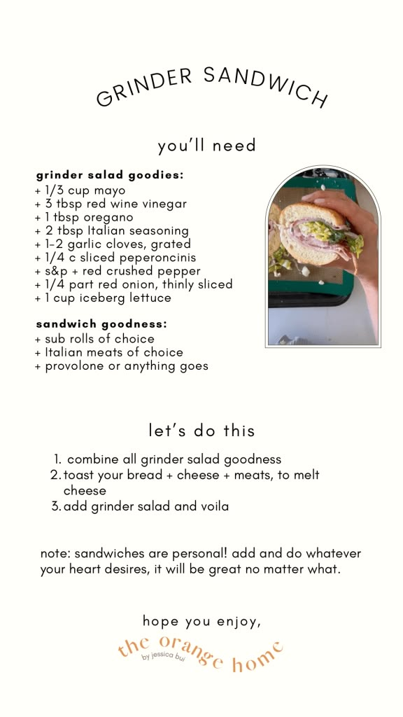 a recipe for grinder sandwich with instructions on the front and back side, including an image of someone holding a sandwich in their hand