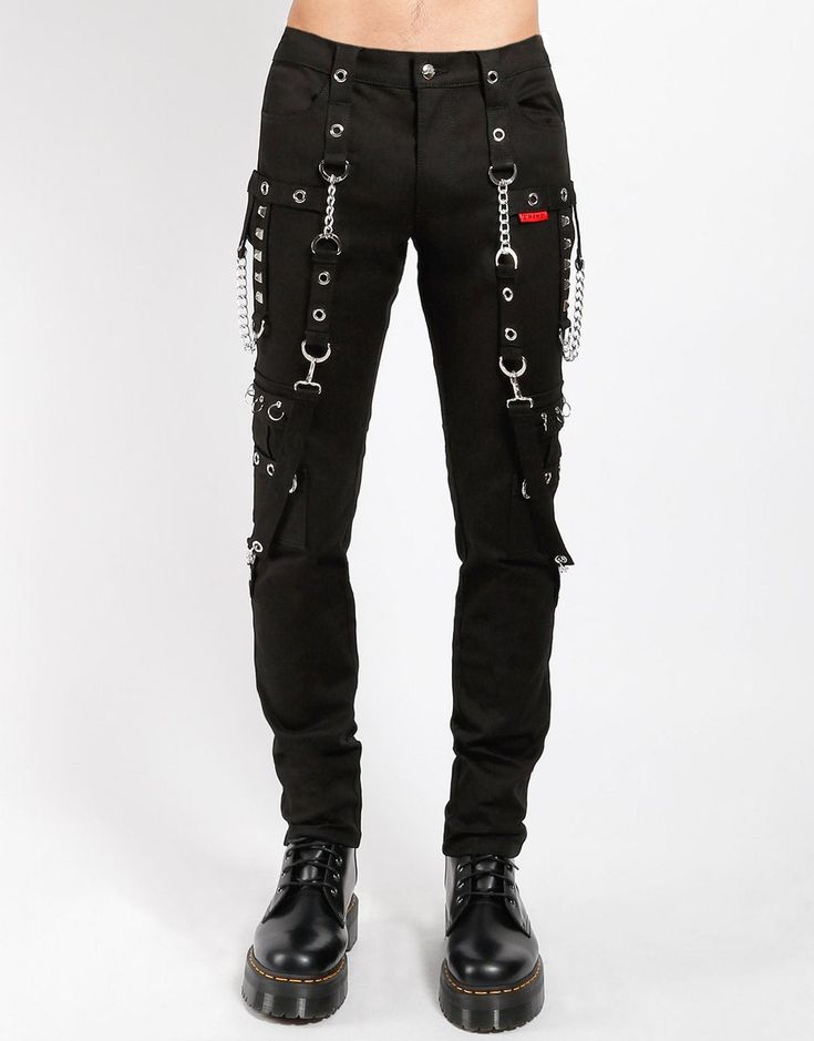 Punk Style Straight Leg Bottoms For Concert, Punk Style Straight Leg Pants For Concert, Punk Pants With Rivets For Alternative Fashion, Punk Style Pants With Rivets For Concerts, Rocker Bottoms With Rivets For Alternative Fashion, Edgy Bottoms With Belt Loops For Biker Events, Punk Style Straight Leg Cargo Pants, Punk Bottoms With Belt Loops For Streetwear, Punk Style Streetwear Bottoms With Belt Loops