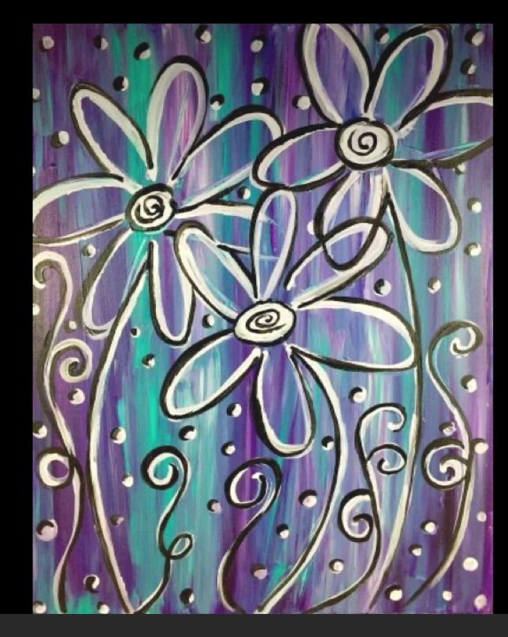 an acrylic painting of flowers in purple and blue