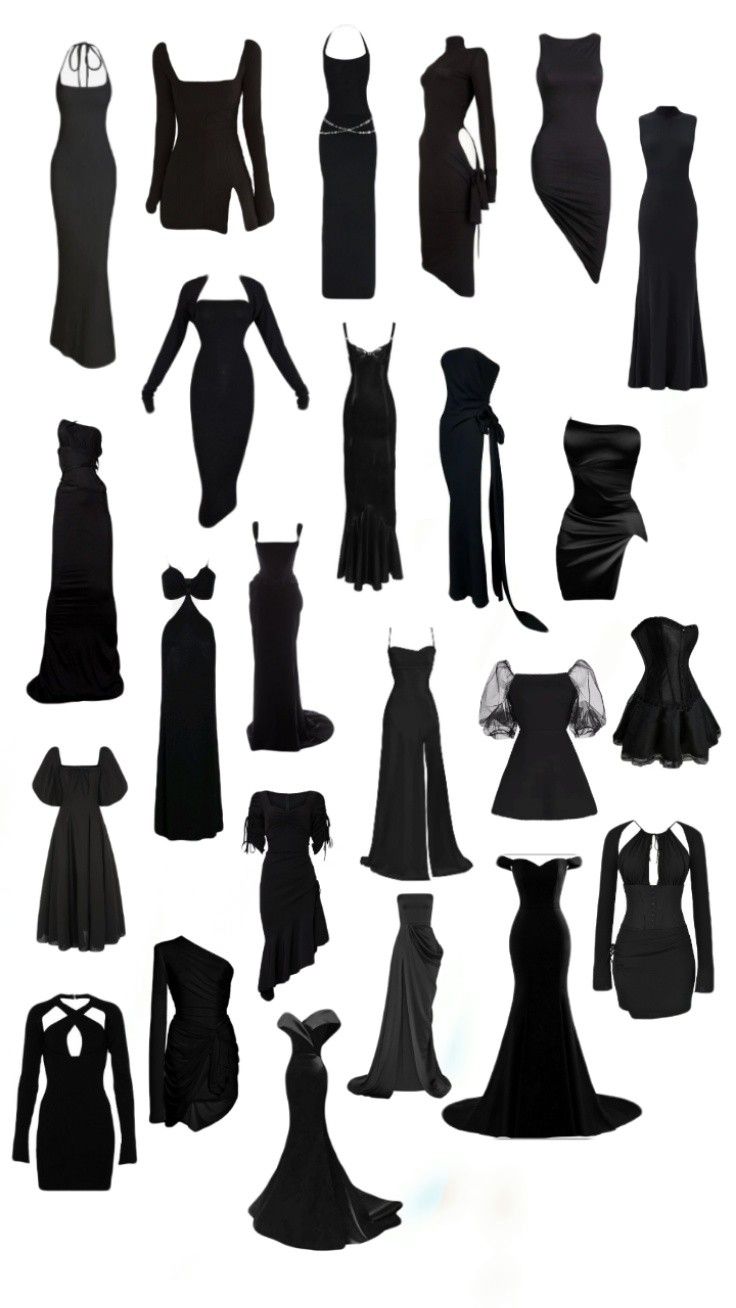 the silhouettes of women's dresses are shown in different styles and colors, including black