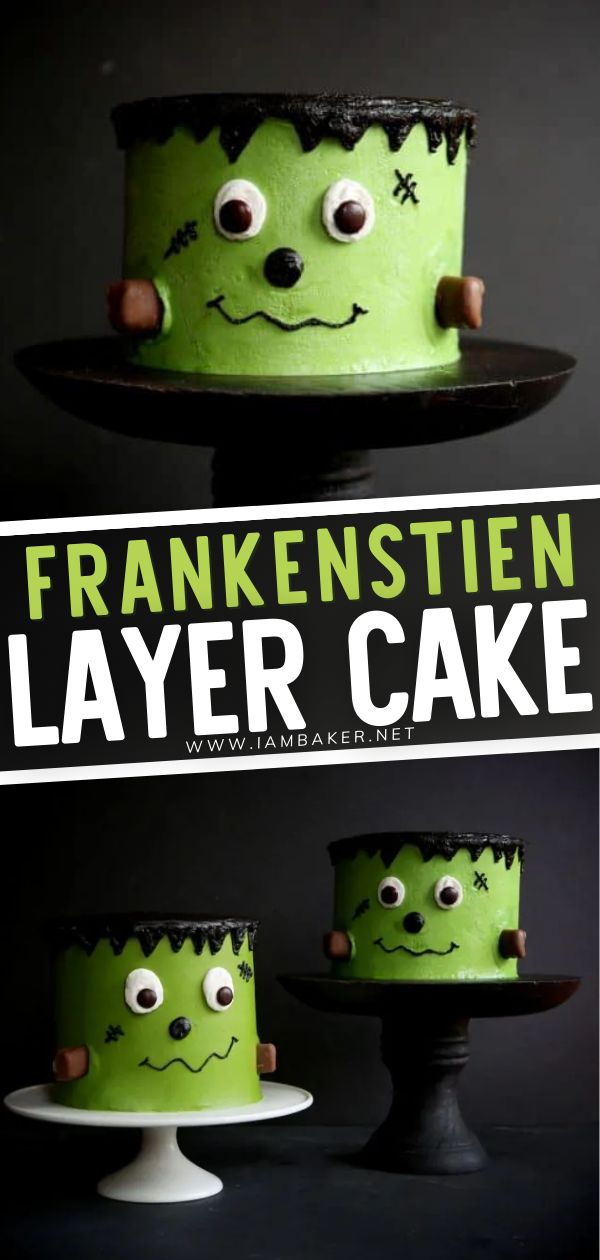 two cakes with green frosting and googly eyes