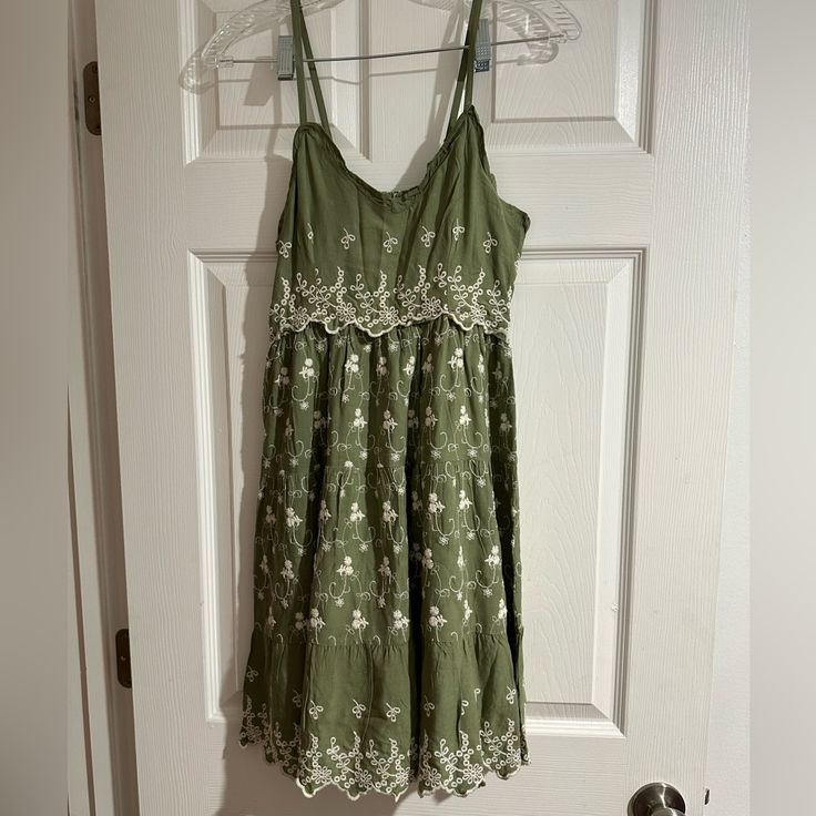 Boho Skater Girl Dress, Olive Green With White Floral Detailing. Adjustable Straps.Never Worn Whimsical Dress Casual, Green Floral Print Boho Hippie Dress, Green Floral Print Hippie Dress, Spring Green Boho Dress With V-neck, Spring Bohemian Green V-neck Dress, Green Bohemian V-neck Sleeveless Dress, Red Lace Cocktail Dress, Boho Summer Dress, Dress Olive Green