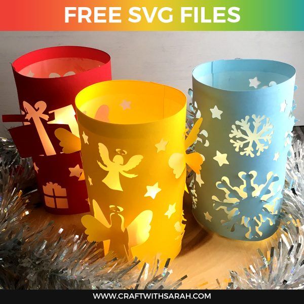 three paper cups sitting on top of a tinsel christmas tree with the text free svg files