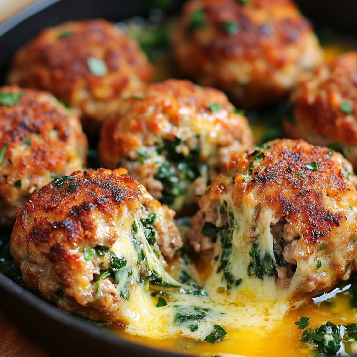 a pan filled with meatballs covered in cheese and spinach