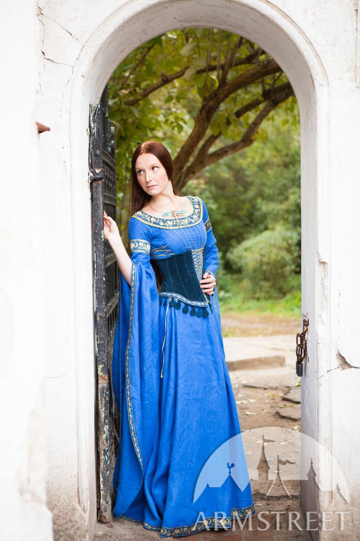 Medieval Linen Dress and Suede Bodice "Lady of the Lake". Available in: green flax linen, blue flax linen, midnight flax linen, violet flax linen, violet flax linen with silver accents, blue pomegranate trim, violet pomegranate trim, dark blue natural suede, green natural suede :: by medieval store ArmStreet Medieval Costume Women, Medieval Wedding Dress, Medieval Outfit, Lady Of The Lake, Medieval Clothes, Corset Costumes, Magic Dress, Period Outfit, Medieval Clothing