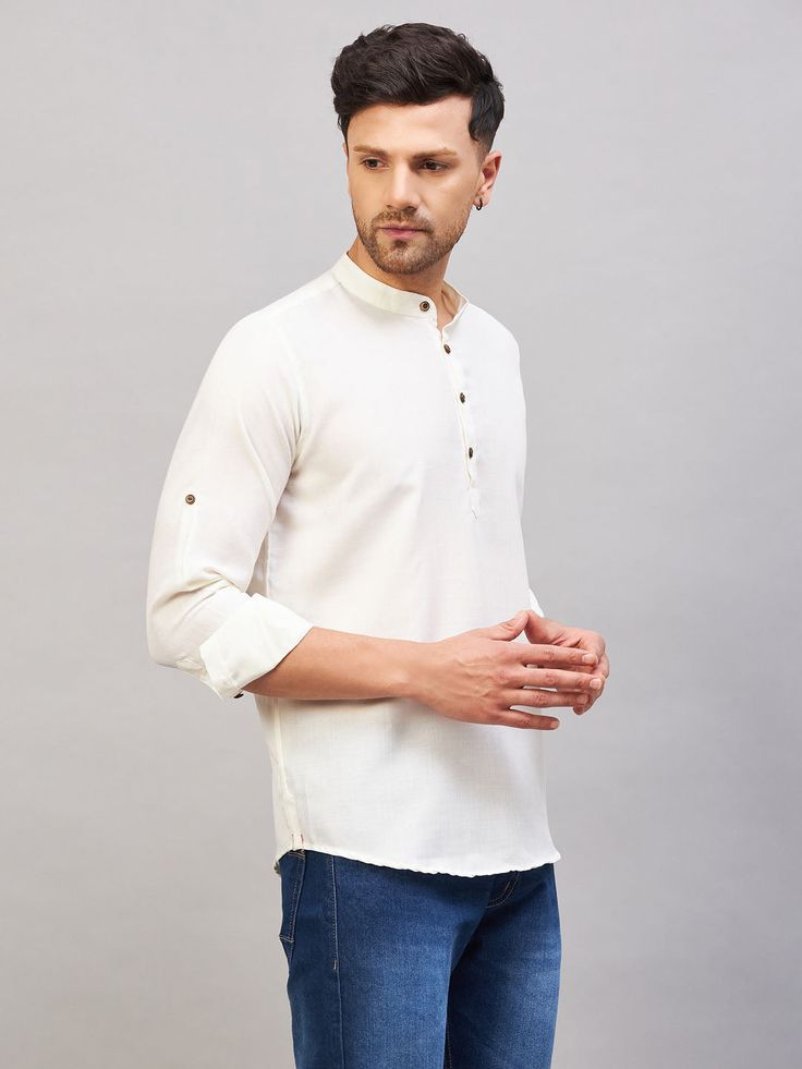 VM BY VASTRAMAY Men's Cream Short Cotton Kurta Stay comfortable and stylish with this cream short cotton kurta for men from VM BY VASTRAMAY. Made from high-quality cotton, this kurta is perfect for casual occasions and daily wear. It features a classic design with a mandarin collar and short sleeves, offering a relaxed fit. Pair it with jeans or trousers for a complete look. Features: Color: Cream Fabric: Cotton Design: Short kurta with mandarin collar Sleeves: Short sleeves Fit: Regular fit Spe White Cotton Kurta With Relaxed Fit, Casual Cotton Kurta With Relaxed Fit, White Casual Kurta With Relaxed Fit, Casual White Kurta With Relaxed Fit, White Casual Relaxed Fit Kurta, White Relaxed Fit Cotton Kurta, White Cotton Relaxed Fit Kurta, Spring Cream Straight Kurta, Off White Long Sleeve Cotton Kurta