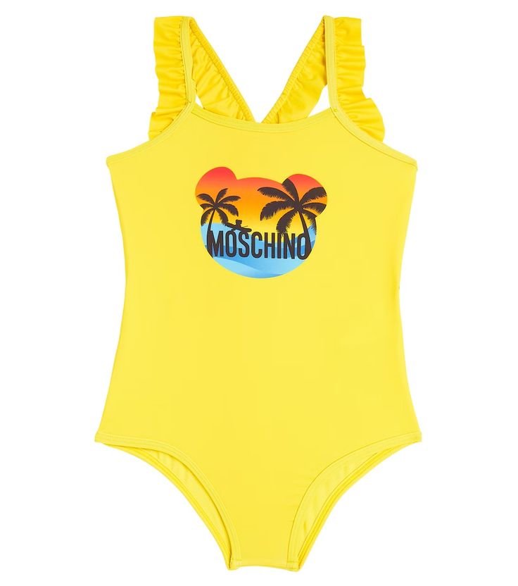 Printed swimsuit in yellow - Moschino Kids | Mytheresa Trendy Nylon Swimwear For The Beach, Trendy Nylon Swimwear For Poolside, Nylon Swimwear For Poolside, Yellow Lined Beachwear Swimwear, Yellow Beachwear Swimwear With Lined Body, One-piece Elastane Bodysuit For Pool, Beachwear Polyamide Tankini For Vacation, Vacation Beachwear Tankini In Polyamide, Beachwear Tankini For Vacation In Polyamide