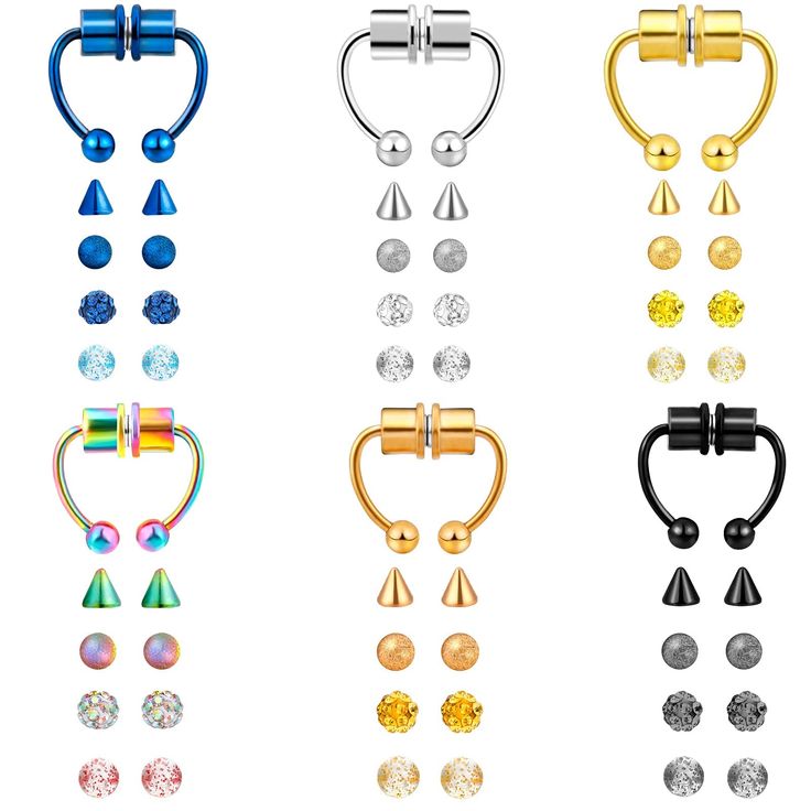 four pairs of piercings with different shapes and colors on them, all in various sizes