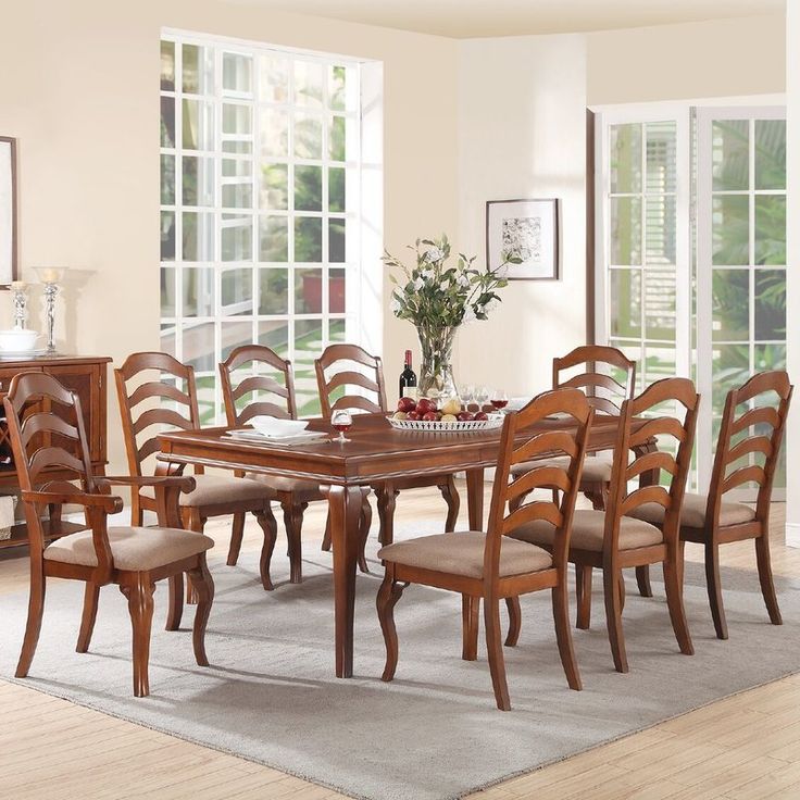 a dining room table and chairs with windows in the background