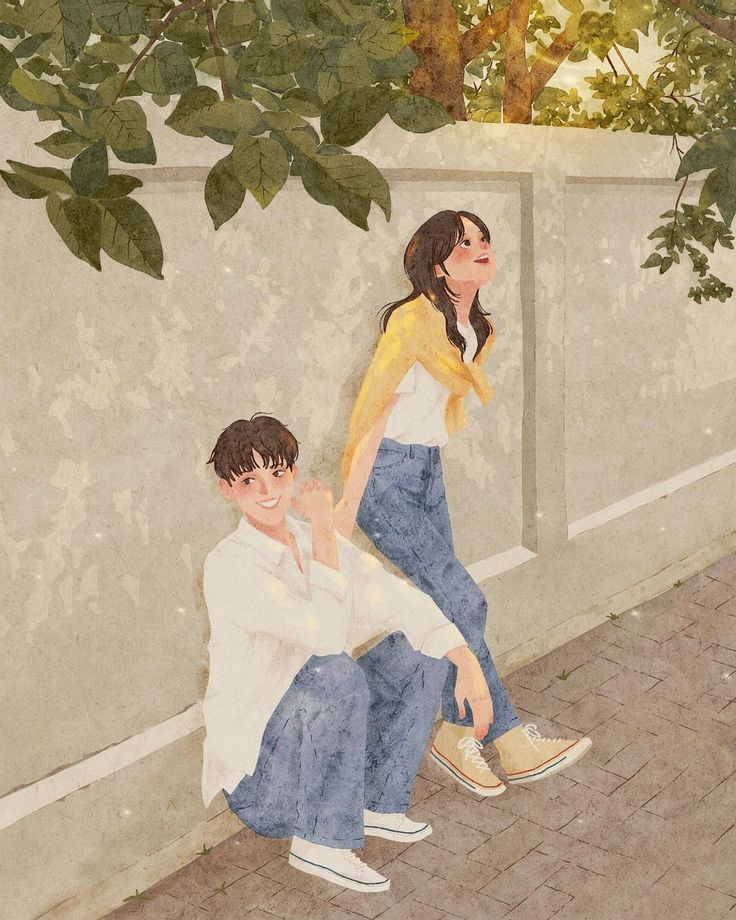 a painting of two people sitting on a bench next to a tree with the words be loved summer written across it