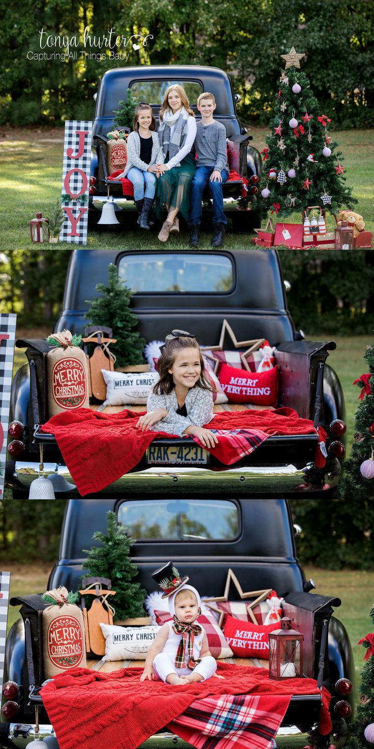 the family is sitting in their truck with christmas decorations on it and posing for pictures