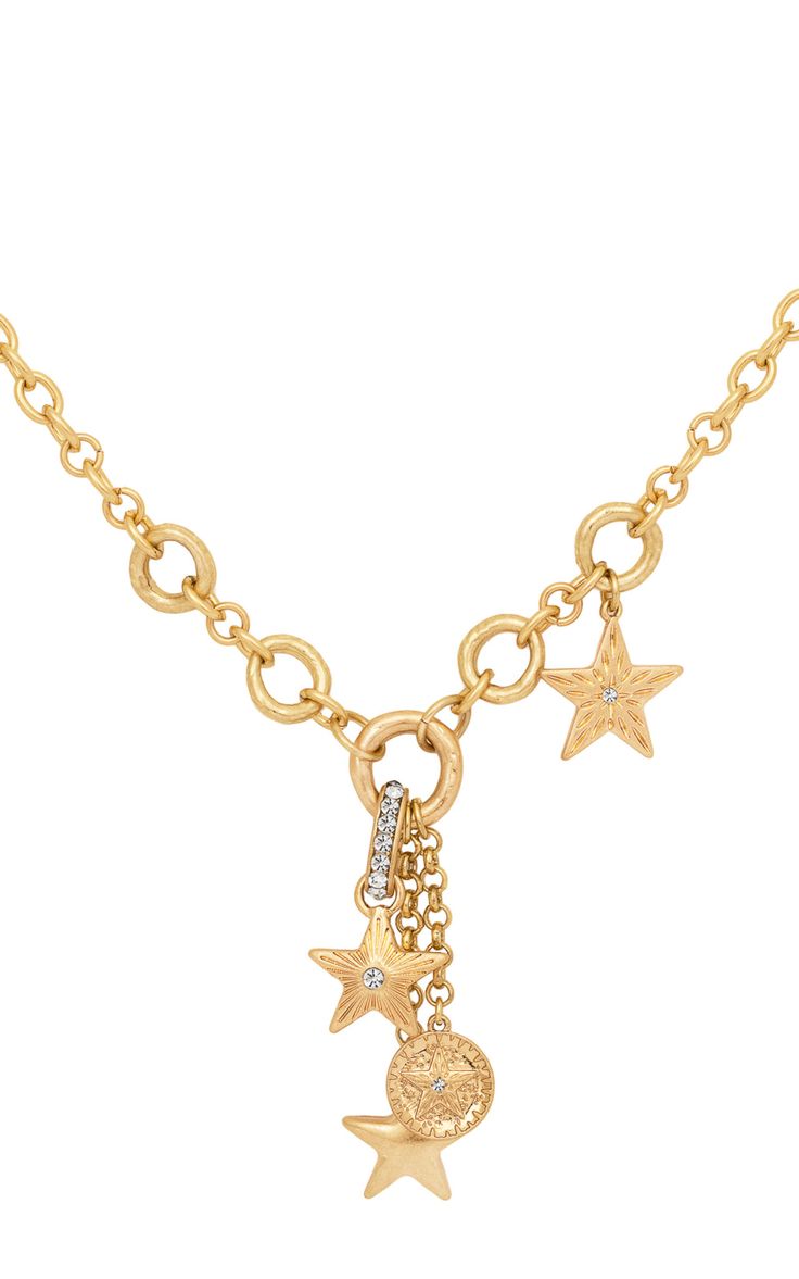 Bibi bijoux gold 'enchanted skyline' necklace is a bold and fashion-forward necklace that will elevate your style to new heights. With a length of 45cm with a lobster clasp fastening and an adjustable 7. 5cm extender chain, this chunky and long necklace is adorned with enchanting charms, making it a statement piece you'll love wearing with almost any outfit as it gracefully adorns your chest, creating a captivating and fashion-forward statement. The lobster clasp fastening ensures a secure fit, Gold Necklace Chunky, Unique Chain Designs, Enroute Jewelry, Gold Chunky Jewelry, Chunky Charm Necklace, Long Gold Necklaces, Gold Chunky Necklace, Chunky Gold Necklace, Chunky Gold Jewelry