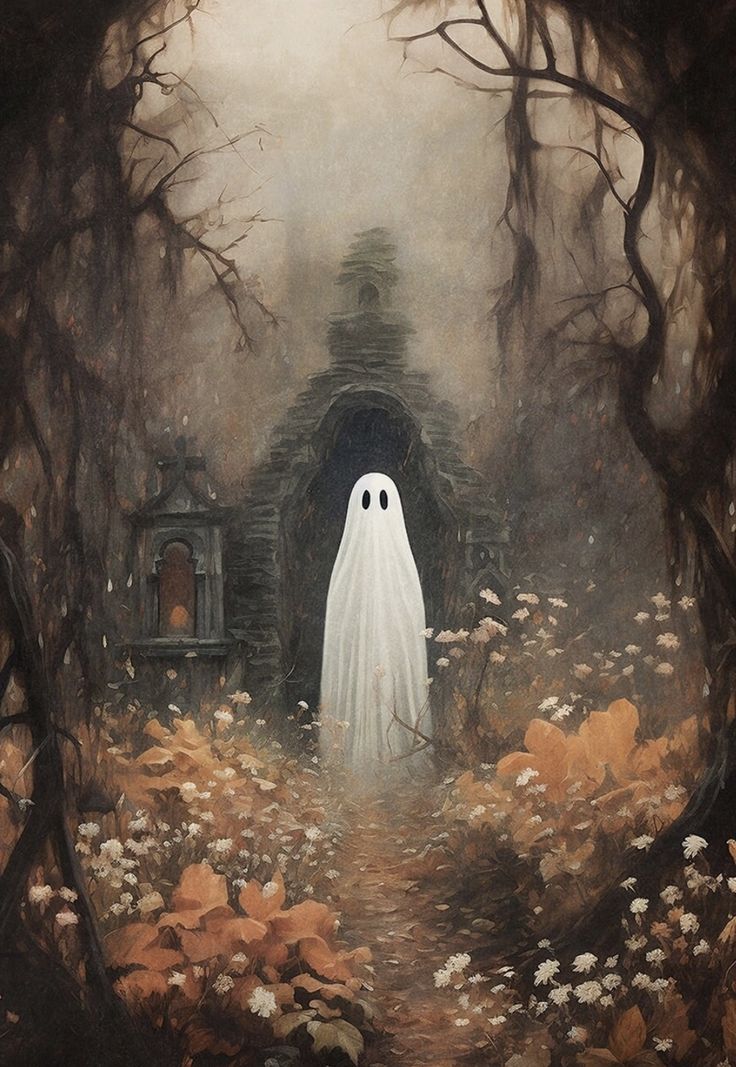 a painting of a ghost coming out of a dark tunnel in the woods with white flowers