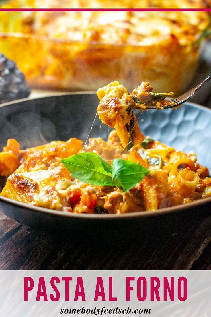 pasta al forno with basil and cheese in a bowl