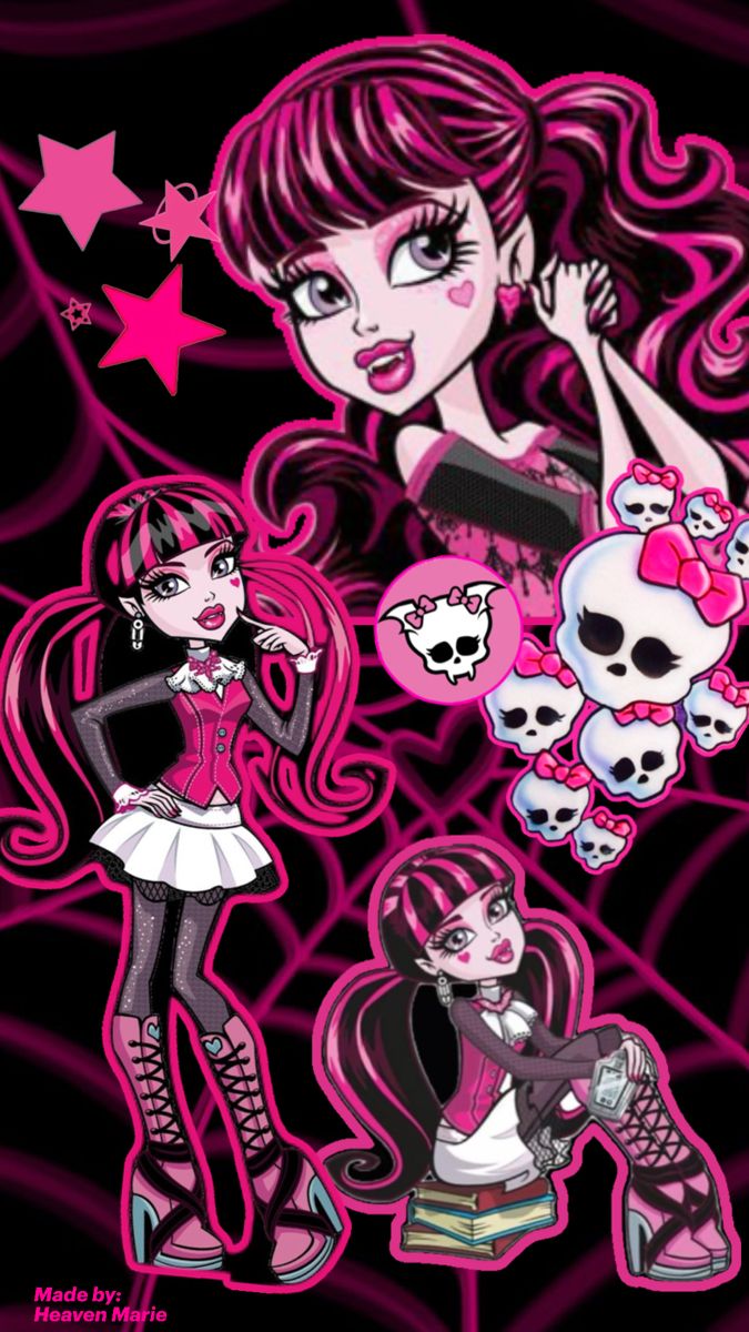 Hot pink Draculaura wallpaper with skulls with bows, pink stars, and Draculaura sitting, standing, and posing, with a hot pink spider web with a heart in the middle background Early 2000s Wallpaper, Draculaura Halloween Costume, Draculaura Wallpaper, Draculaura Halloween, Monster High Room, Draculaura Aesthetic, 2000s Wallpaper, Monster H, Arte Monster High