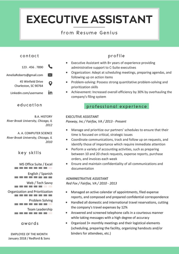 a professional resume for an executive assistant in green and white, with the words executive assistant on