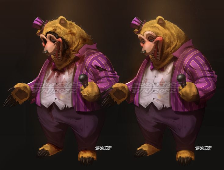 two images of a bear dressed in purple and white clothing, one with his mouth open