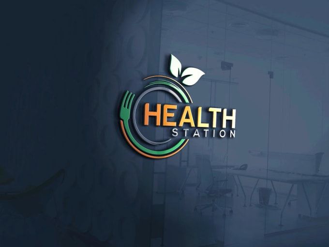 the health station logo is shown on a dark blue and green background, with leaves coming out of it