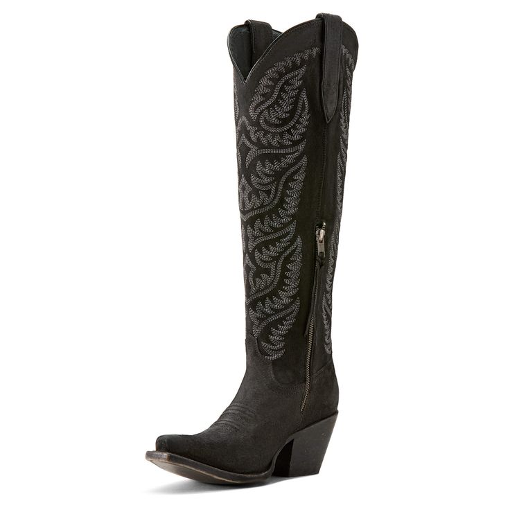 Endlessly wearable and effortlessly stylish, this tall boot looks just as good with jeans and a sweater as it does with dresses and skirts. Bonus: StretchFit allows it to fit a wide range of calves. Laramie StretchFit Western Boot | Product Features : 0 : ATS® technology provides ergonomic support on uneven terrain, 1 : StretchFit panels under the pull tabs give an additional inch to fit a wide range of calves, 2 : Hand-nailed vegetable-tanned leather sole is supremely durable, 3 : Resoleable Go Blue Cowgirl Boots, Cowgirl Boots Wedding, Square Toe Western Boots, Black Cowboy Boots, Roper Boots, Ariat Boots, Western Boots Women, Tall Boot, Veg Tan Leather