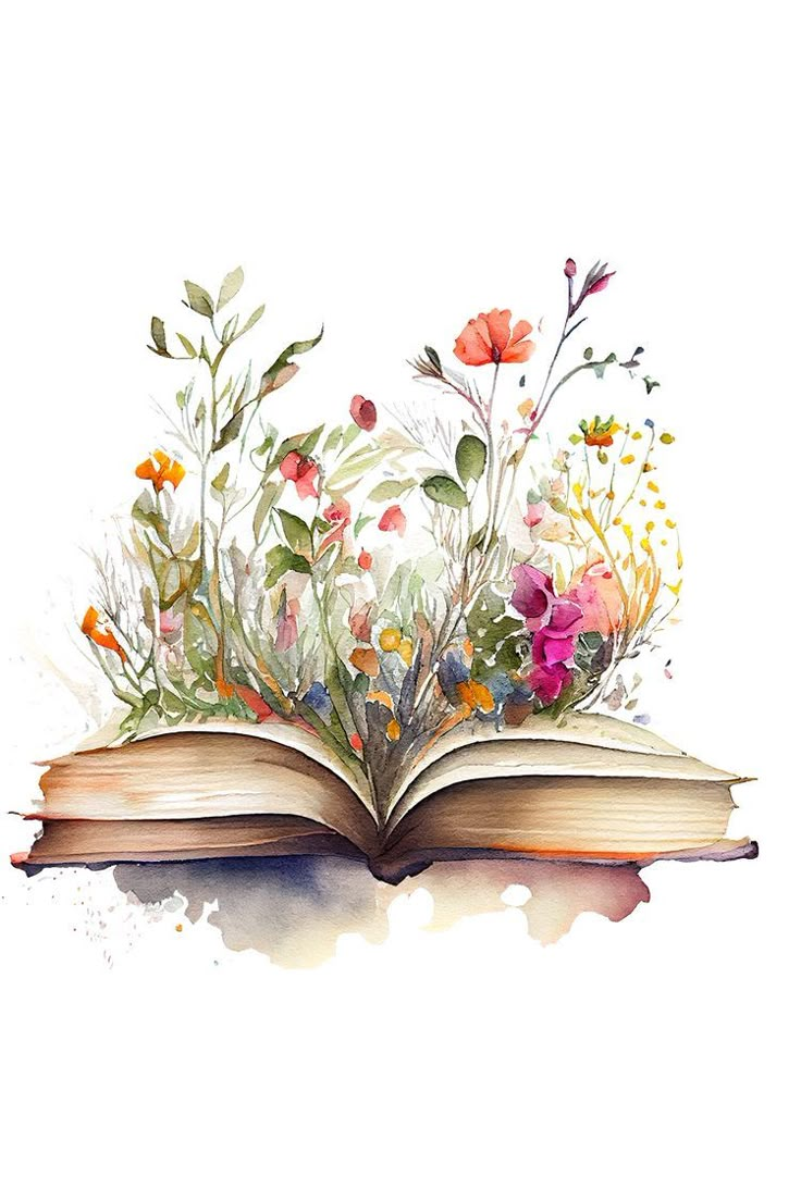 an open book with watercolor flowers on the pages and leaves coming out of it