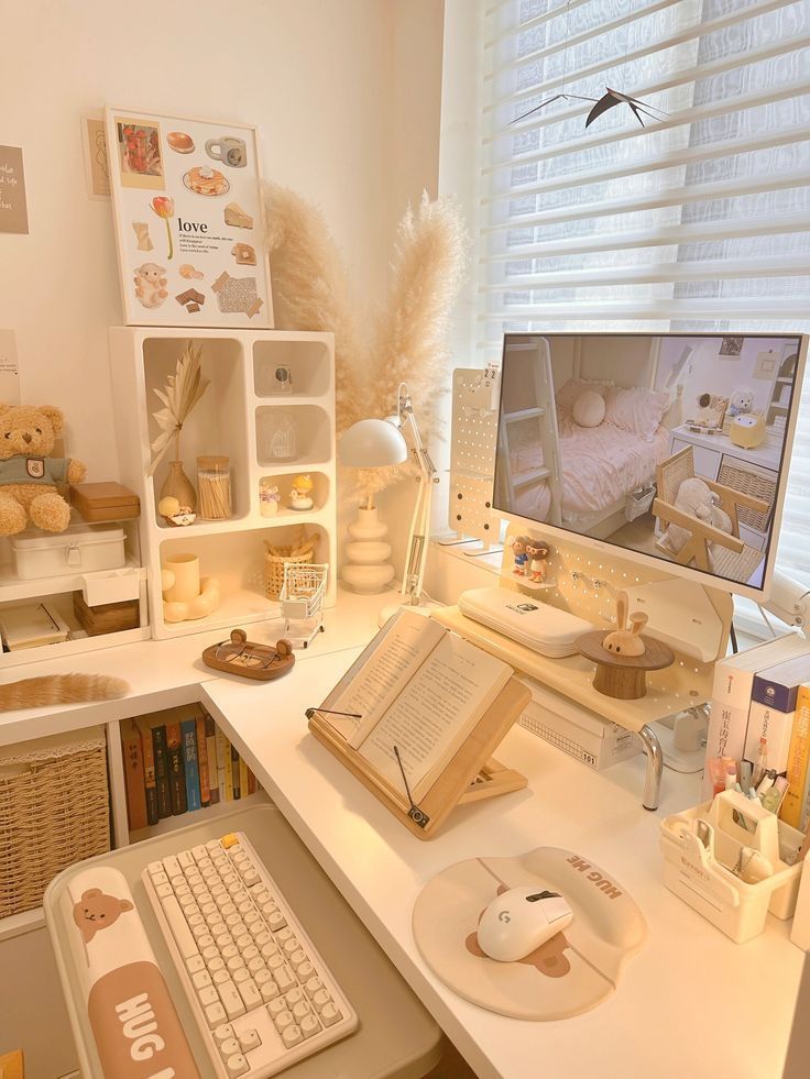 a desk with a computer monitor, keyboard and mouse