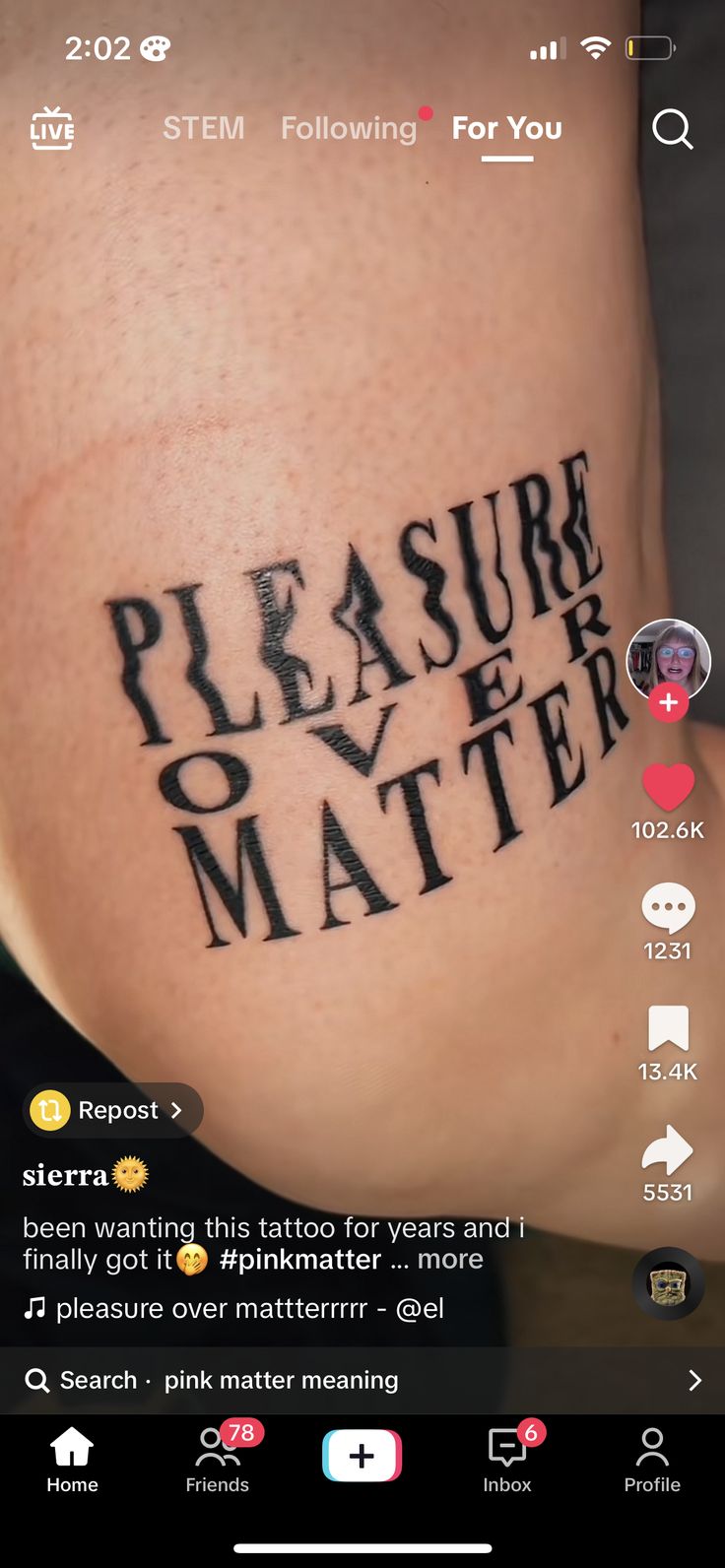 the word pleasure is written on someone's thigh and it says pleasure over matter