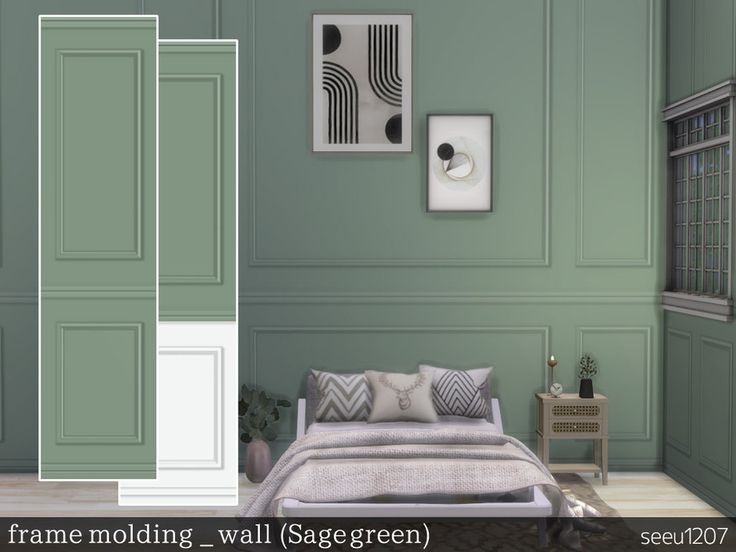 a bedroom with green walls and furniture in the corner, including a bed frame molding wall sagegreen