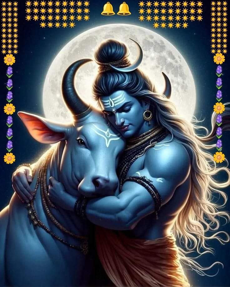 lord person hugging his cow in front of the moon