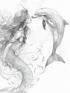 a drawing of a mermaid kissing a dolphin