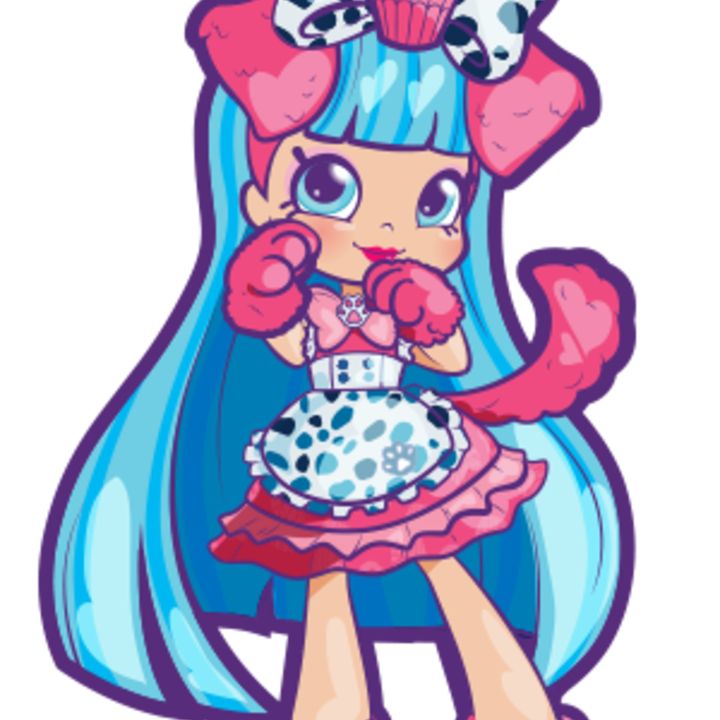 a cartoon girl with blue hair and pink dress holding a cupcake in her hands