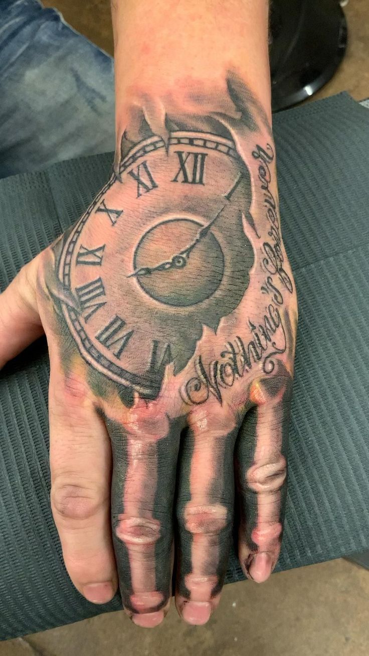 a person's hand with a clock tattoo on it