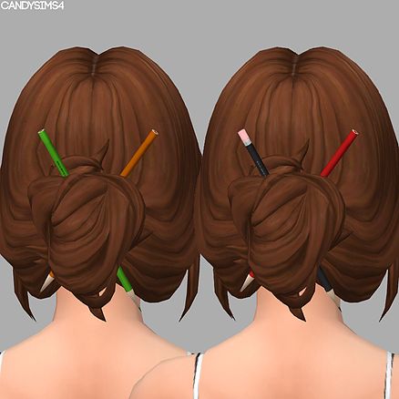 the back of a woman's head with three different hair styles and pencils in her hair