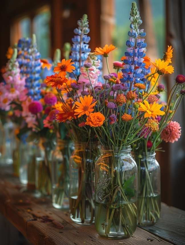 colorful wildflowers in mason jars lined up on a wooden table with windows behind them