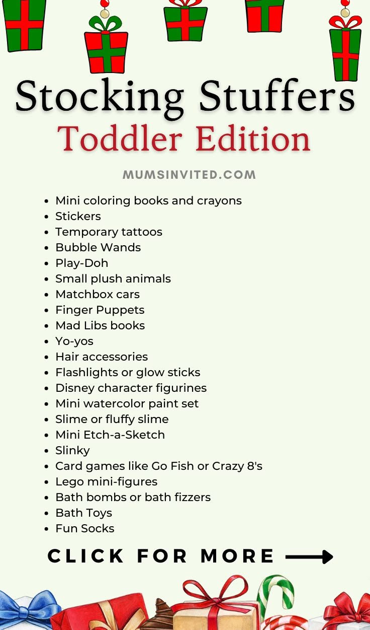 a list of christmas gifts for toddlers with the words stocking stuffers on it