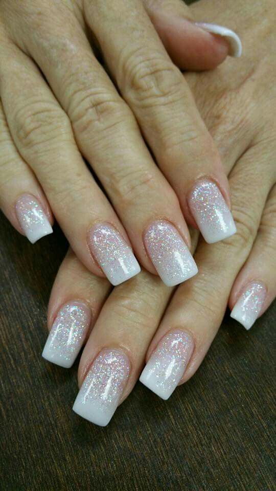 White Glitter Holiday Nails, French Ombre Nails Glitter Square, Pretty Ombre Nails Sparkle, French Ombre Nails Glitter, White Sparkly Nails, White Sparkle Nails, Ongles Gel French, Glitter French Nails, French Ombre