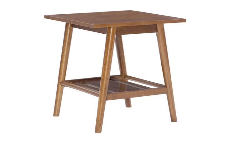 a small wooden table with one shelf on the bottom and two shelves below it, against a white background