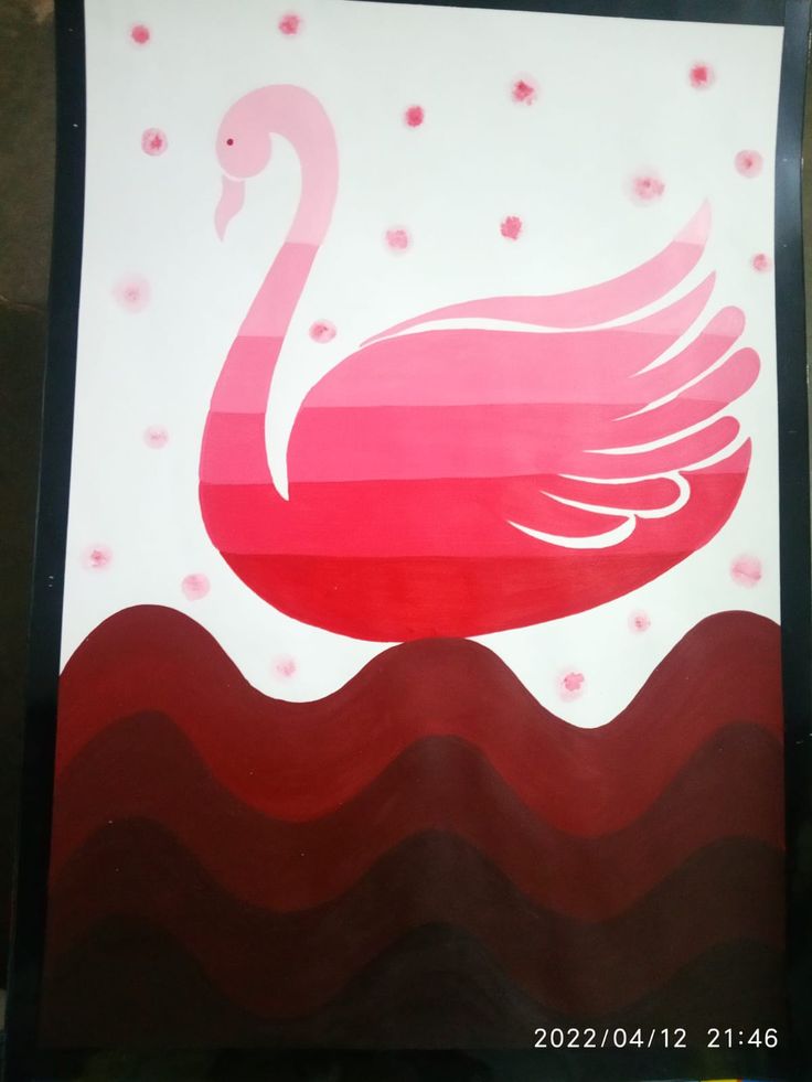 a painting of a pink swan floating on top of water