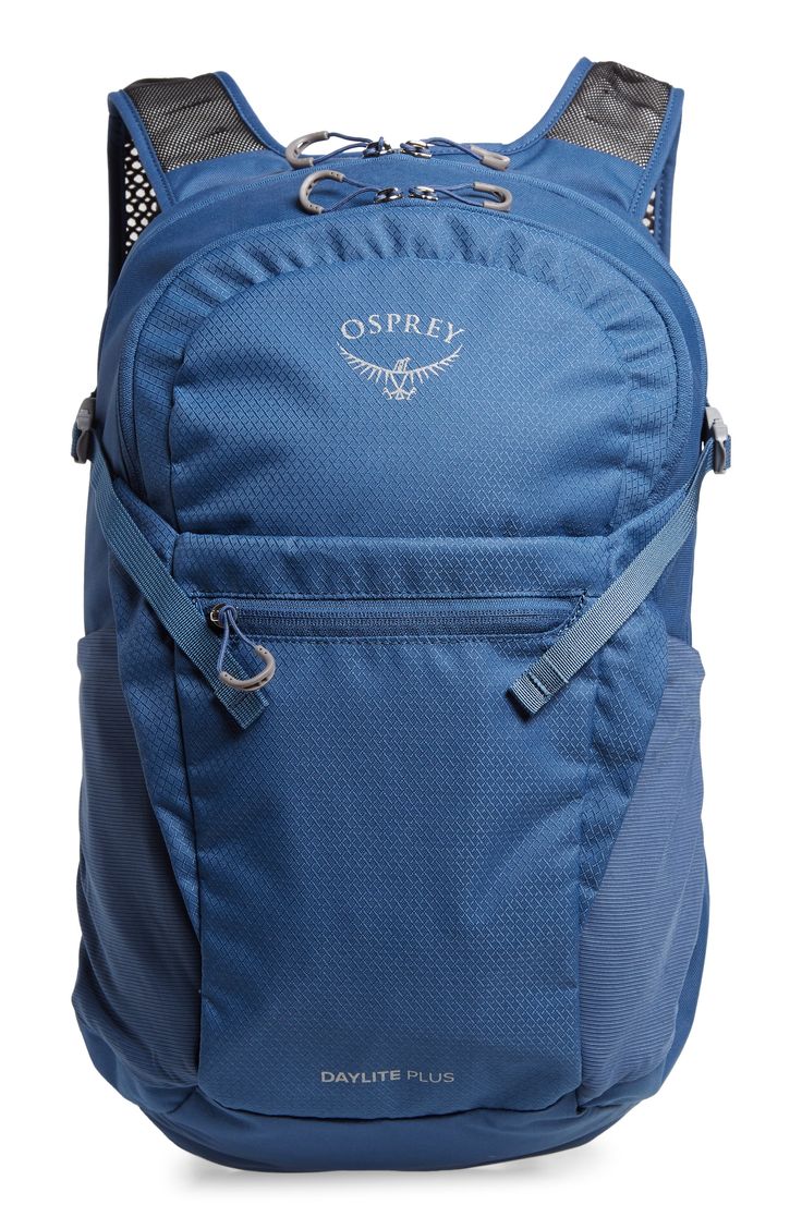 the osprey backpack is blue and has two zippers on the front pocket