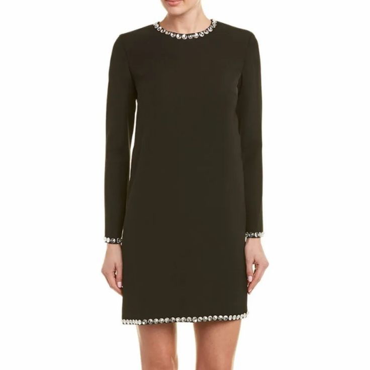 Mini Shift Dress. Chic A-line Embellished Mini Dress, Miu Miu Fitted Formal Dresses, Formal Fitted Miu Miu Dresses, Black Embellished Long Sleeve Midi Dress, Embellished Sheath Mini Dress For Cocktail, Embellished Sheath Mini Dress For Evening, Embellished Sheath Mini Dress For Formal Occasions, Elegant Embellished A-line Mini Dress, Formal Embellished Sheath Mini Dress