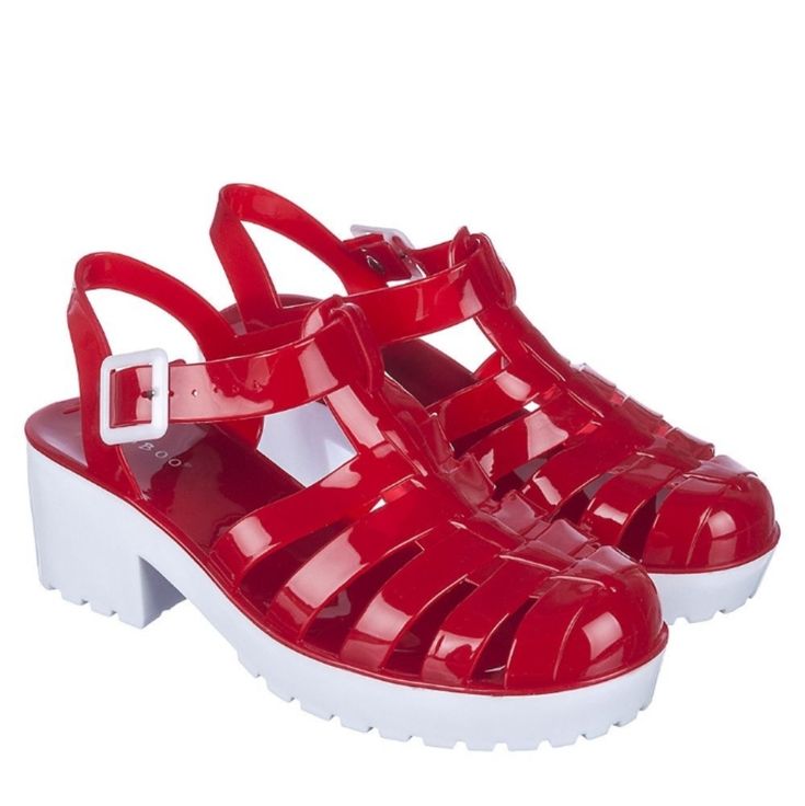 2.25" Heel .75" Platform, Hard Plastic Not Flexible/Soft New Never Worn White Jelly Sandals With Round Toe For Party, Trendy Plastic Sandals With Round Toe, White Closed Toe Synthetic Jelly Sandals, White Closed Toe Jelly Sandals, White Round Toe Jelly Sandals, White Open Toe Jelly Sandals, Trendy Red Round Toe Sandals, Casual Red Open Heel Sandals, Casual Red High Heel Sandals