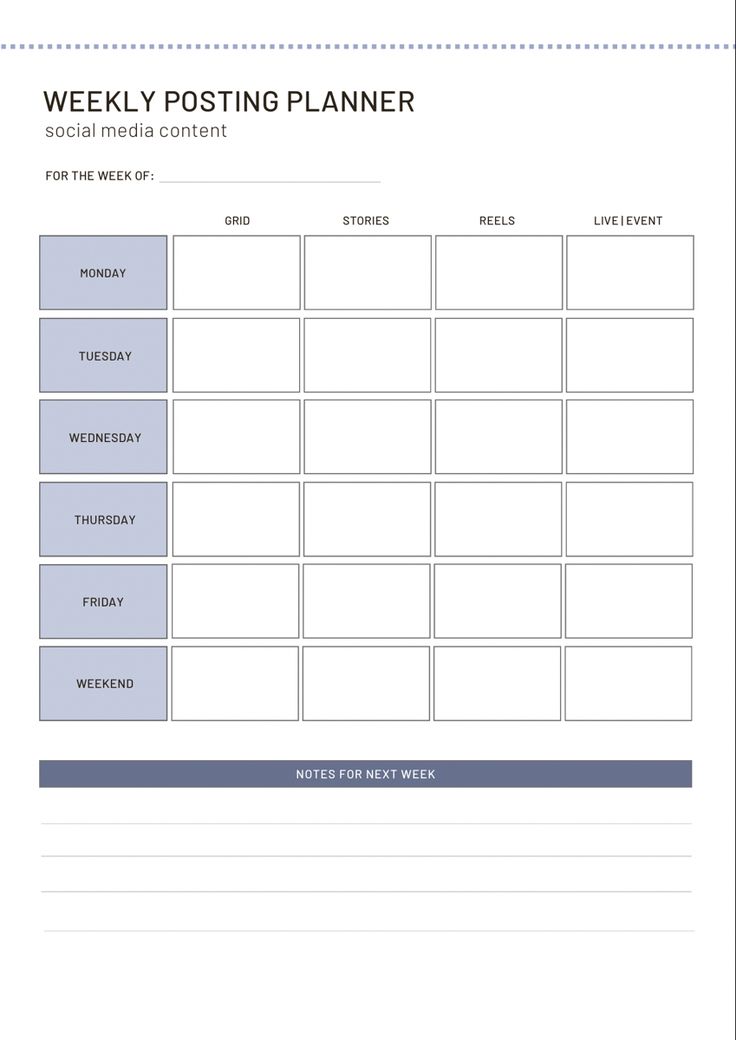 the weekly posting planner is shown in this printable version, which includes two sections for each